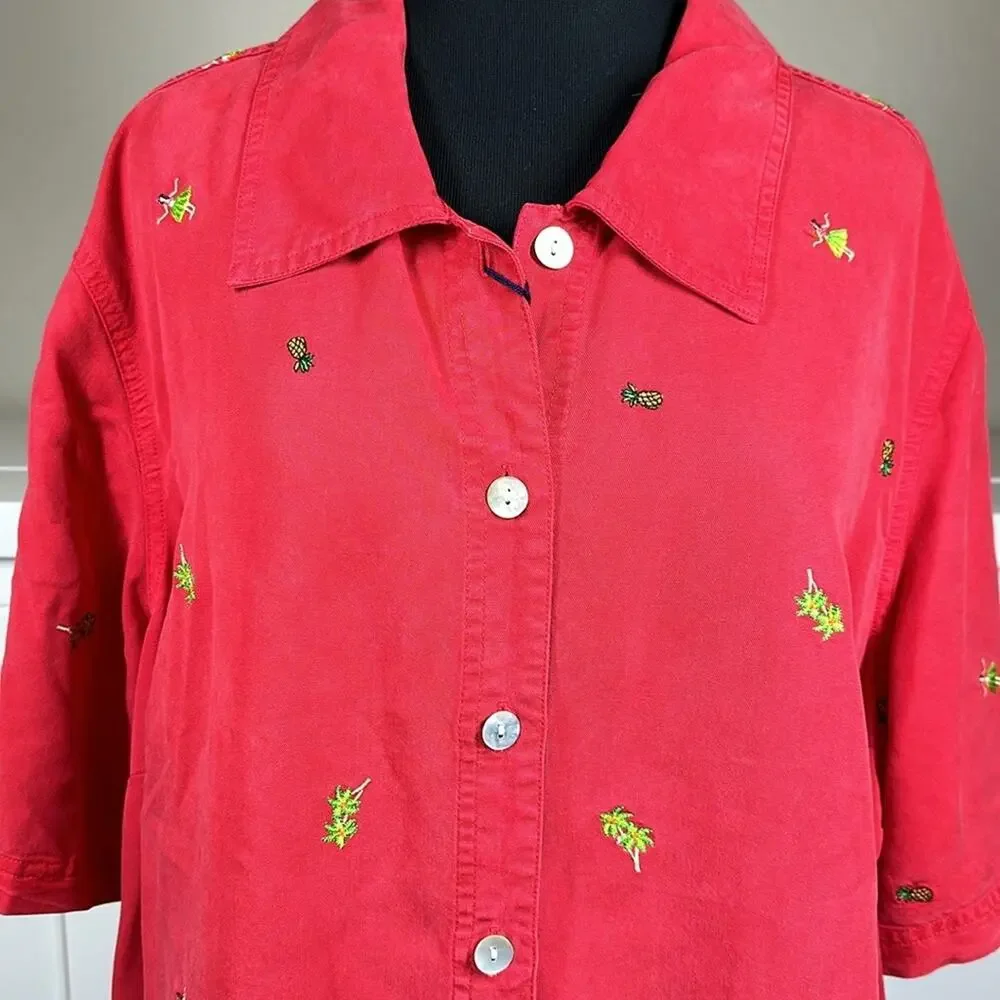 Amy K Su Embroidered Button Up Shirt Tropical Pineapples Hula Girls Red Size 2X